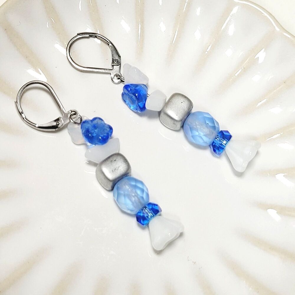 Blue Glass Leverback earrings handmade Secret Lore earrings  Earthy Boho B  689■